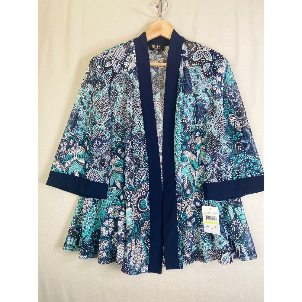 RM Richards Womens Teal Navy Paisley Metallic Open Front Kimono Cardigan NWT